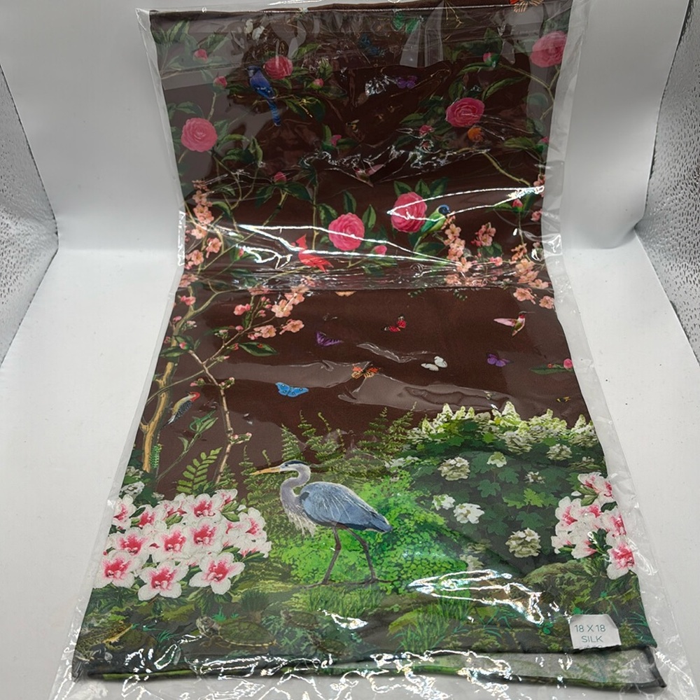Silk scarf 18 X 18 square brown nature scene birds butterflies garden motif NWT